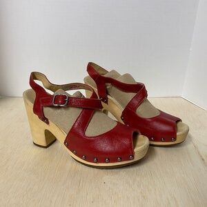 UGG Nadia Size 8 Red Leather • Wood Heels 3.5"• Criss Cross Strap Shoes